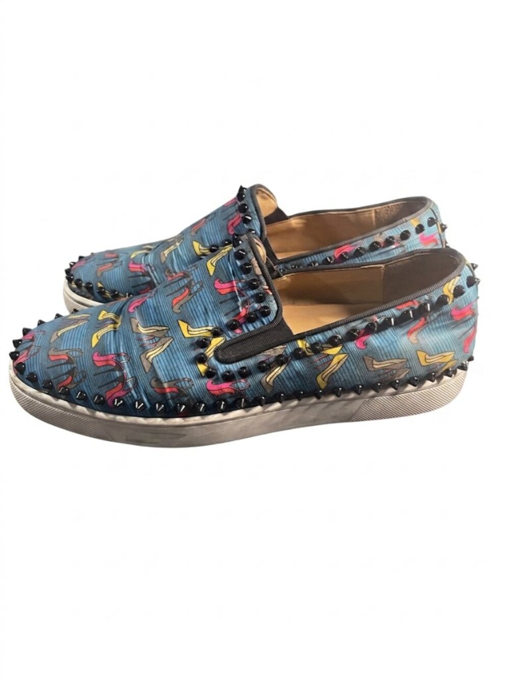Christian Louboutin Roller Boat Slip-On Blue Heels Print Spiked Designer SZ 43